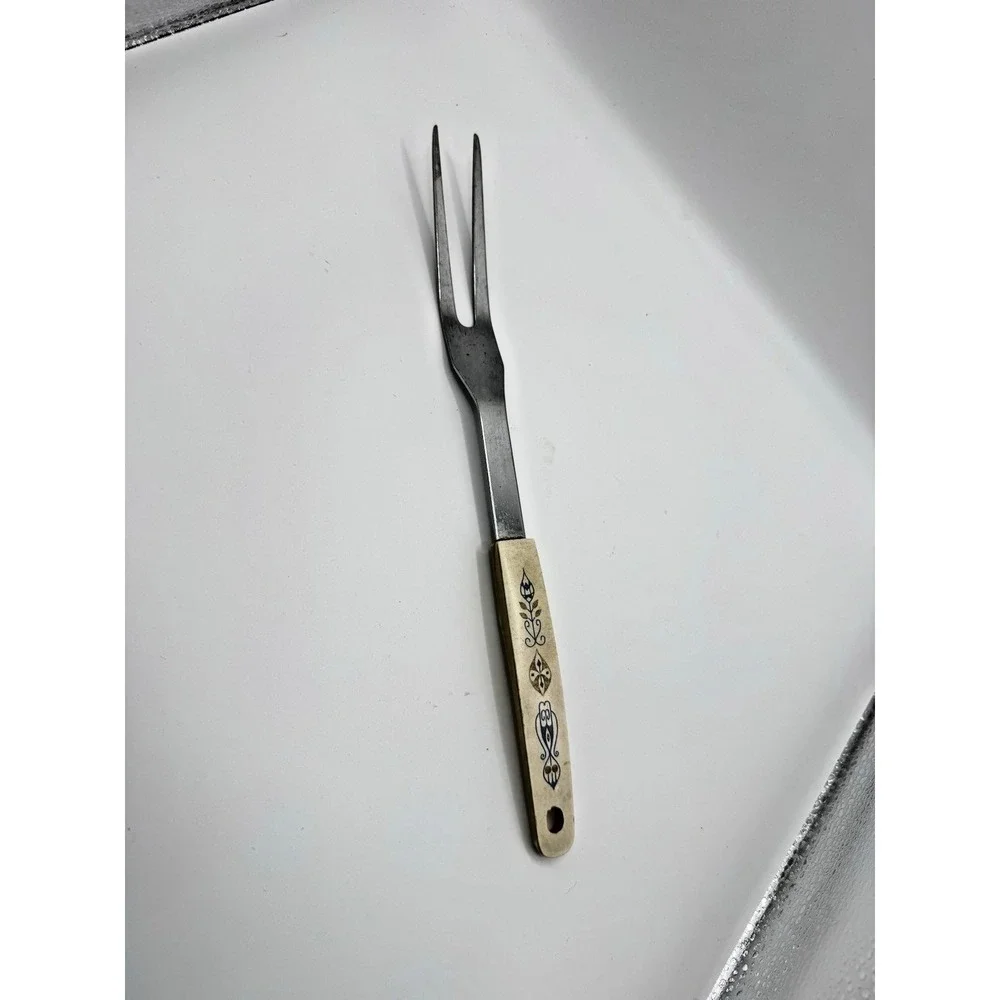 Vintage Japan Stainless Steel Plastic Handle Blue Gold Floral Design Meat Fork